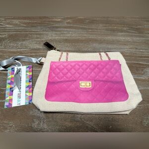 NWT Thursday Friday Cream Canvas Cosmetic Bag with Hot Pink Design